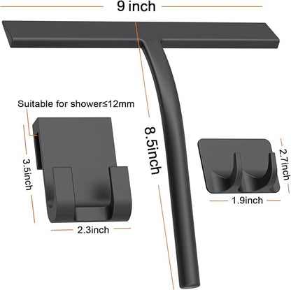 All -Purpose Silicone Shower Squeegee for Shower Glass Door with Hook, Bathroom Accessories for Window Mirror Tile Car Shower Walls,Household Shower Cleaner Tool (Black, 9 inch(2hooks)
