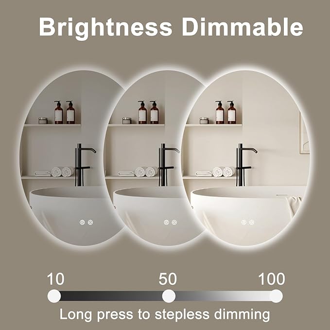 32 X 24 Inch Oval Backlit LED Bathroom Mirror Anti-Fog 3 Colors Light Dimmable Wall Mounted Lighted Bathroom Vanity Mirror Smart Makeup Mirror with Touch Switch