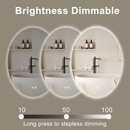 28 X 20 Inch Oval Backlit LED Bathroom Mirror Anti-Fog 3 Colors Light Dimmable Wall Mounted Lighted Bathroom Vanity Mirror Smart Makeup Mirror with Touch Switch