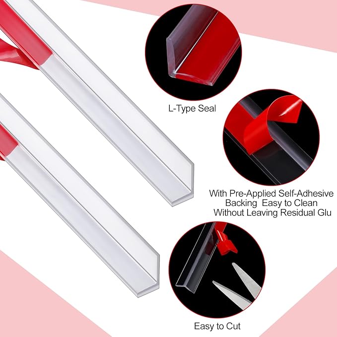 2 Pcs 1/2'' x 36'' Long Clear Vinyl L-Type Seal Strip with Pre-Applied Self Adhesive Threshold Water Dam Barrier Bathroom Glass Shower Door Seal Strip for Gap Frameless Shower Door