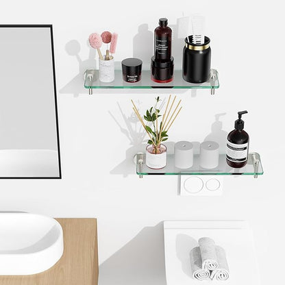 Glass Shelves for Bathroom,16-Inch Brushed Nickel Floating Bathroom Shelf Stainless Steel Tempered Glass Shelf Modern Shelves Wall Mounted