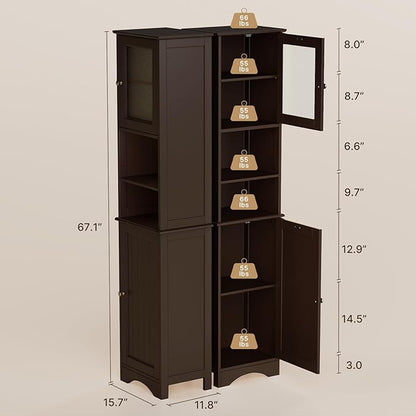 Gizoon Tall Bathroom Storage Tower, Freestanding Linen Cabinet with Two-Way Doors, Adjustable Shelves, Anti-Tip Floor Cabinet, for Home, Kitchen, Living Room, Dark Brown