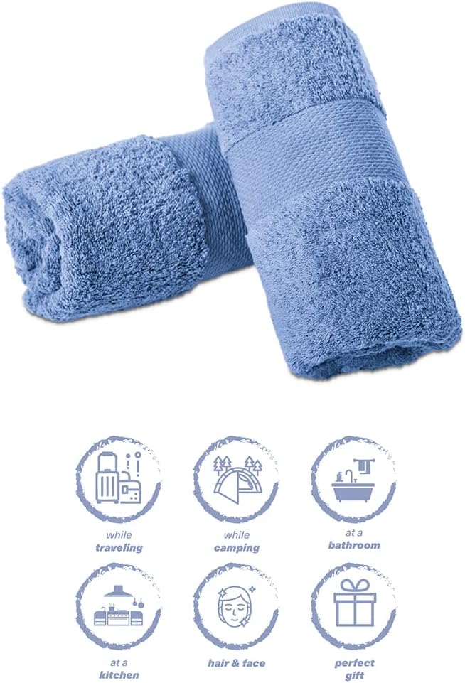 Hencely Luxury Hand Towel - Set of 2 (16x28 Inches) - Soft Turkish Cotton, Absorbent, Quick-Drying Face, Body, Kitchen, and Bathroom Towel (Hand Towels 2 Pack, Blue)