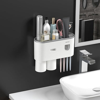 No-Drill Wall Mounted Toothbrush Holder, Bathroom Shelf, with Automatic Toothpaste Dispensers 4 Brush Hooks 2 Magnetic Cups 1 Cosmetic Drawer Organizer and Large Storage (1 Dispenser 2 Cups)