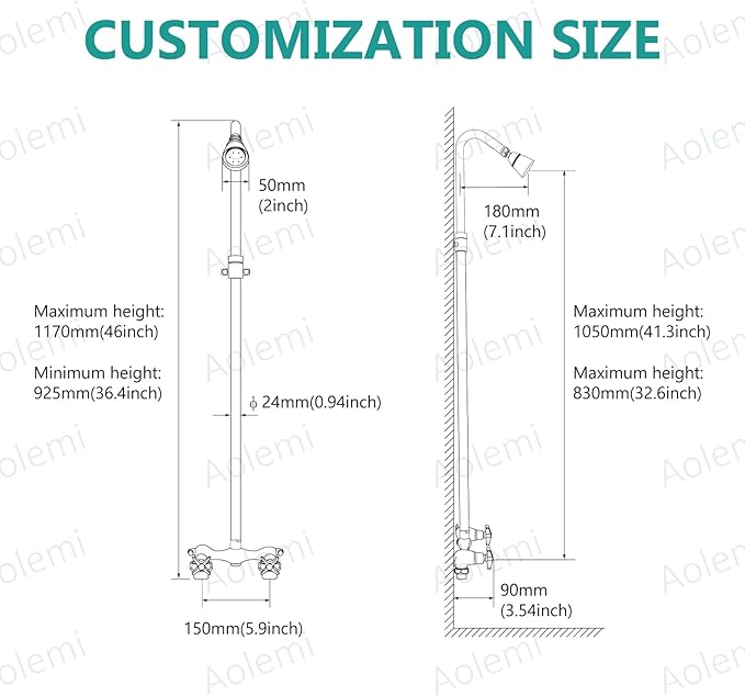 Aolemi Outdoor Shower Kit Fixtures Faucet System Double Handle Exposed Shower with Brass Mix Valve and Height-Adjustable Shower Pipe 6 Inch Center with Showerhead Matte Black