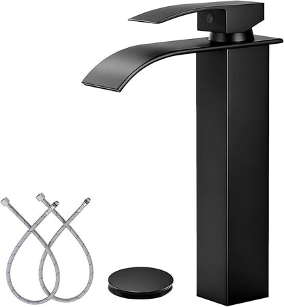 LIFG Matte Black Vessel Sink Faucet, Tall Waterfall Bathroom Faucet, Single Handle One Hole Mixer Bowl Tap with Large Rectangular Spout, Bar Sink Faucet Lavatory Vanity