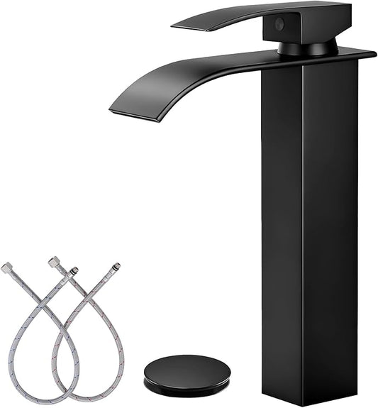 LIFG Matte Black Vessel Sink Faucet, Tall Waterfall Bathroom Faucet, Single Handle One Hole Mixer Bowl Tap with Large Rectangular Spout, Bar Sink Faucet Lavatory Vanity