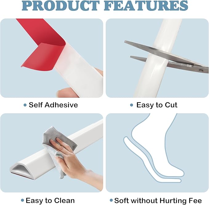 72inch Shower Threshold Water Dam White Self-Adhesive Water Barrier Collapsible Shower Guard Waterproof Flexible Silicone Bathroom Seal Strip for Bathtub,Tile, Floor, Wheelchair Access