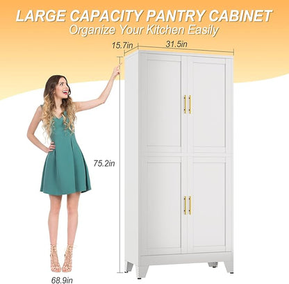 75" Tall Metal Kitchen Pantry Storage Cabinet, Freestanding Cupboard with 4 Doors and 4 Adjustable Shelves, Standing Storage for Kitchen, Bathroom, Garage, Dinning Room or Utility Room（White）