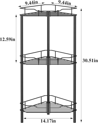 3 Tier Floor Standing Corner Shower Caddy Organizer Shelf with Hooks, Bathroom Shelves Stand Rack, Matt Black