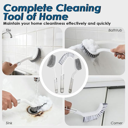 3 Pack Heavy Duty Bathroom Scrub Brush with Long Handle, Stiff Bristles Grout Brush, Scrub Brushes for Cleaning Bathroom, Shower, Tile, Tub, Carpet, Kitchen, Sink (Crystal Gray)