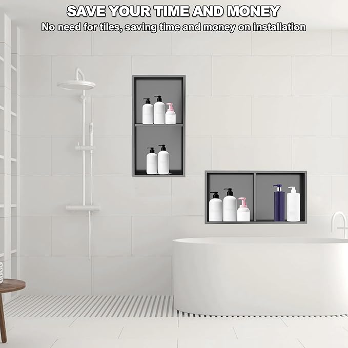 304 Stainless Steel Shower Niche Insert-Glossy Black 24 x 12" No Tile Needed Bathroom Niche for Shower Wall-Double Shelves Built in Shower Shelf-Waterproof Recessed Cabinet for Bathroom Living Room