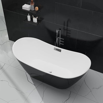 Freestanding Bathtub Acrylic Soaking Tub, Deep Stand Alone Bath with Chrome Drain, Modern Black and White Design for Compact or Contemporary Bathrooms, 59 Inch