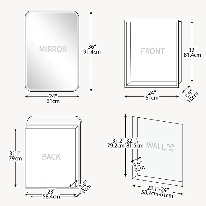 Rectangle Medicine Cabinet with Beveled Edge Mirror, No-Assembly Bathroom Wall Cabinet with Mirror, Adjustable Shelves, Tissue Slot, Recessed or Surface Mount (36" H x 24" W)