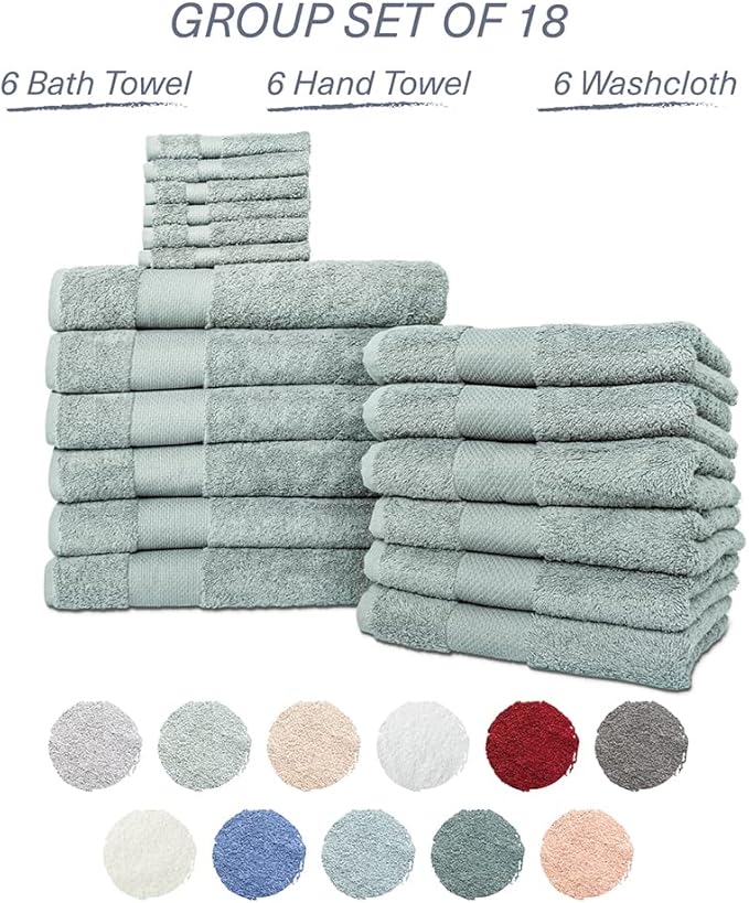 Hencely 18-Piece Bath Towel Set - High Absorbency, Quick Drying - 100% Soft Turkish Cotton - 6 Bath Towels, 6 Hand Towels, 6 Washcloths - Bathroom, Home, Hotel, Spa, and Gym - 18-Pack Light Green