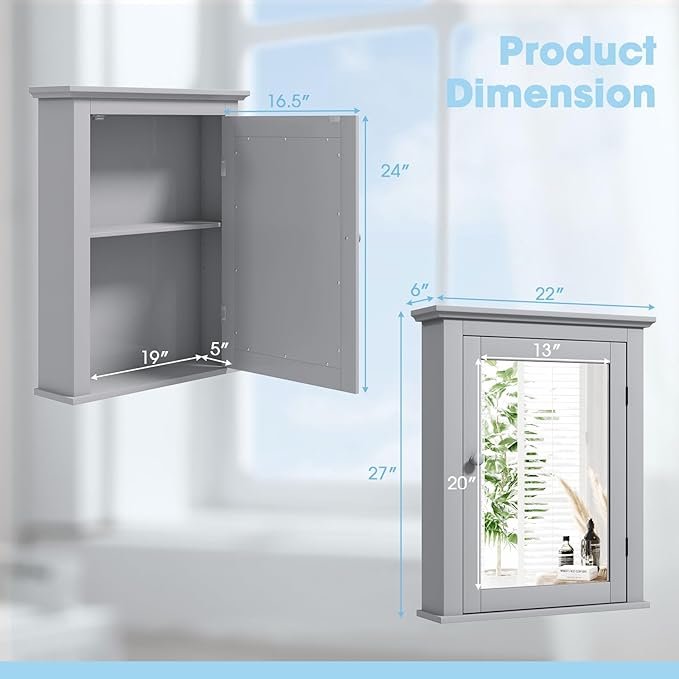 Safeplus Grey Medicine Cabinet with Mirror, Wall Mounted Adjustable Storage for Bathroom, Living Room, Bedroom, Entryway and Kitchen