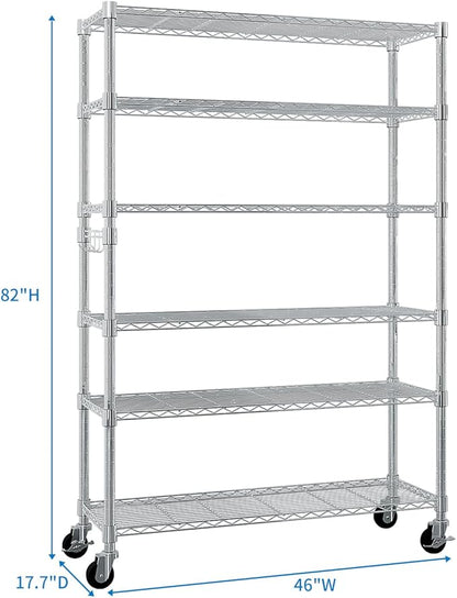 6 Tier Storage Racks Shelving, Heavy Steel Pantry Shelves, Adjustable Wire Shelving Rack with Wheels, Suitable for Garage, Kitchen, Bathroom, Office, 46" W x 18" D x 82" H, Chrome