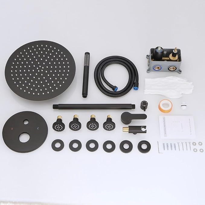 Matte Black Round Shower Faucet Set with Body Jets 12 Inch Shower Head Handheld Shower Combo Set High Pressure Ceiling Mount with Rough-in Valve