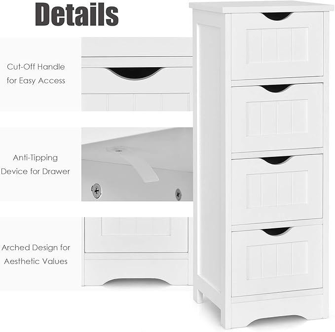 Tangkula Floor Cabinet Wooden Storage Cabinet Home Office Living Room Bathroom Side Table Sturdy Modern 4 Drawers Cabinet Organizer Bedroom Night Stand, White (12 x 12 x 32)
