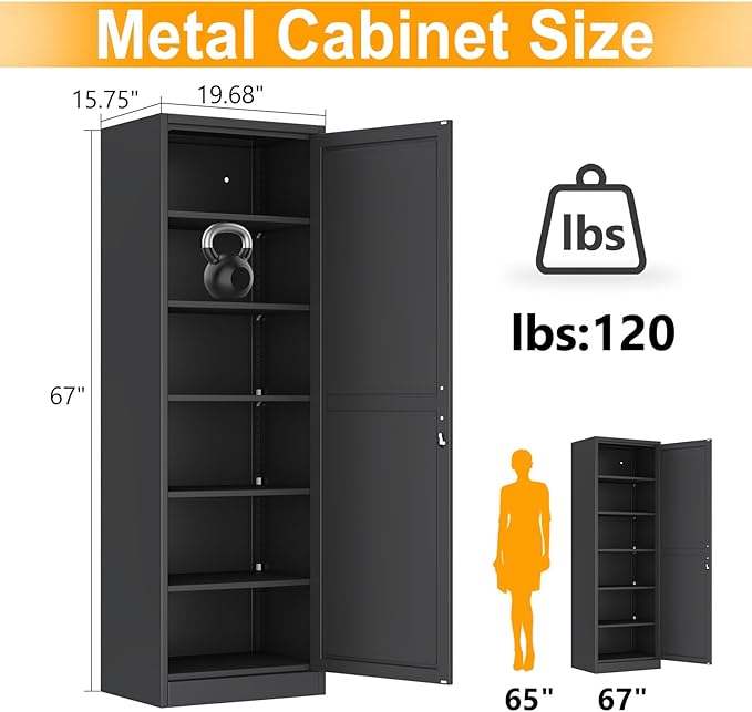 Metal Locker Tall Narrow Storage Cabinet, 67" H Locking Tool File Cabinets Snack Locker Organizer for School Classroom,Bedroom,Gym Home Office,Entryway and Hallway (20" W 1Door Black)