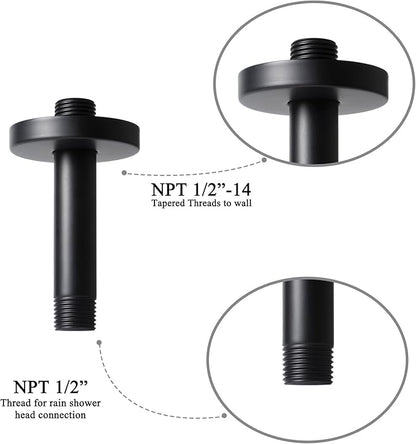 4 Inch Shower Arm with Flange, Ceiling Mounted Shower Head Extension Arm, 1/2 NPT Straight Arm for Rain Shower Head, Stainless Steel Shower Head Extension Replacement Pipe Arm, Black
