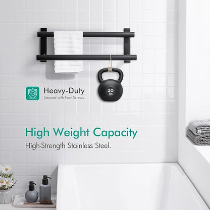 BAGNOLUX Double Towel Bar, SUS304 Towel Racks for Bathroom Wall Mounted 2-Tiers Ladder Towel Rails, Space Saving Bathroom Towel Holder Shelves Rack, Long Towel Hanger (16"-Square-Matte Black)