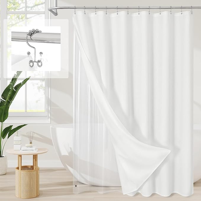 MitoVilla 3 in 1 Shower Curtain Set, White Boho Farmhouse Linen Textured Bath Curtain and Clear PEVA Liner Set with 12 Double Sided Steel Hooks, Waterproof Fabric Hotel Bathroom Curtain - 72x72