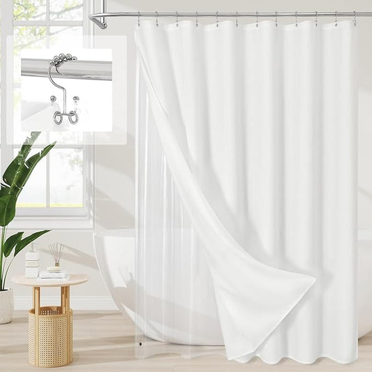 MitoVilla 3 in 1 Shower Curtain Set, White Boho Farmhouse Linen Textured Bath Curtain and Clear PEVA Liner Set with 12 Double Sided Steel Hooks, Waterproof Fabric Hotel Bathroom Curtain - 72x72