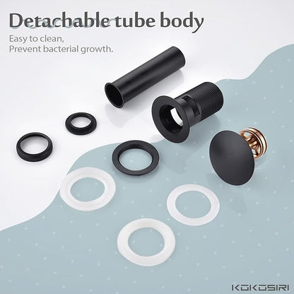 KOKOSIRI Bathroom Sink Drain with Detachable Hair Catcher, Matte Black Pop Up Sink Drain with Strainer Basket Anti Clogging for Vanity Vessel Sink with Overflow, C1001BK