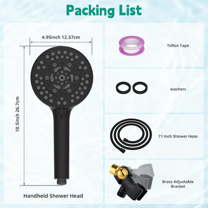 Hibbent High Pressure cUPC Certified 10-mode Shower Head, Handheld Showerhead with Adjustable Brass Joint Holder, 71" Metal Hose, Anti-clog Nozzles, Built-in Power Wash to Clean Tub & Pets, Black