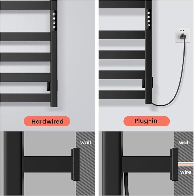 Towel Warmer,Stainless Steel Towel Warmer Rack for Bathroom -10 Bars Wall Mounted Towel Heater with Intelligent Touch Screen Timer, Hard Wired/Plug-in, Black
