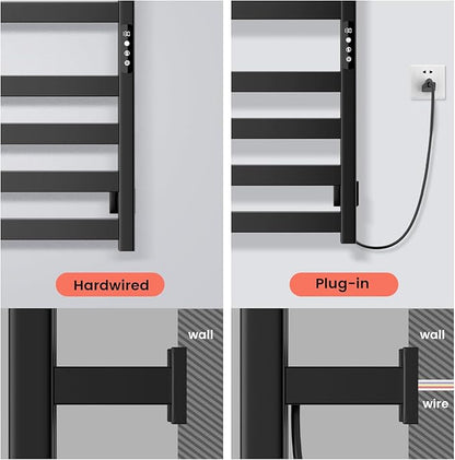 Towel Warmer,Stainless Steel Towel Warmer Rack for Bathroom -10 Bars Wall Mounted Towel Heater with Intelligent Touch Screen Timer, Hard Wired/Plug-in, Black