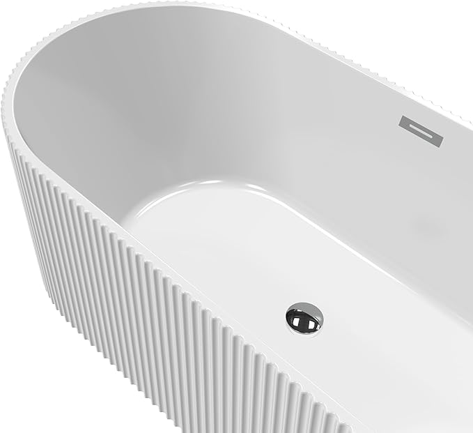67" Acrylic Freestanding Bathtub, Soaking Tub with Brushed Gold Drain, Non-Slip Surface, Large White Bathtub for Adults, Durable Fiberglass Reinforced Free Standing Tub