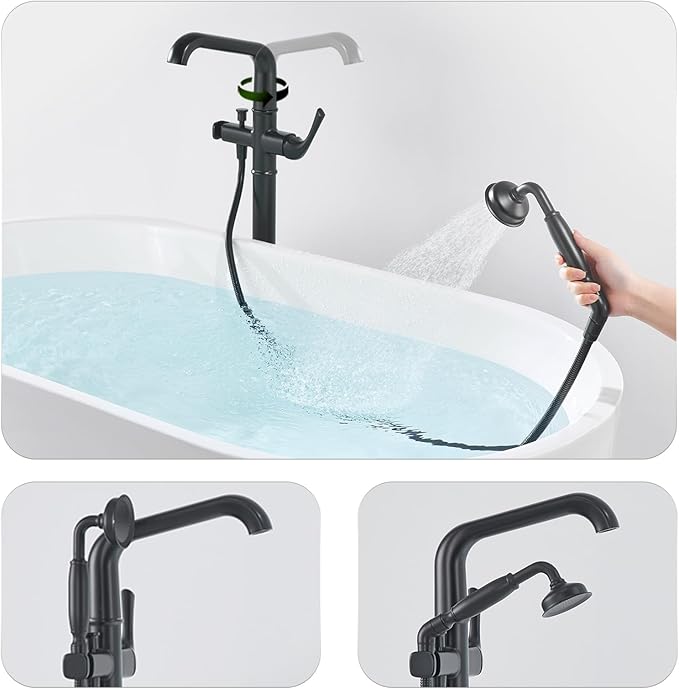 Luxury Free Standing Tub Faucet, Classic Brass Freestanding Bathtub Faucet, Lexdale Bathroom Floor Mount Tub Filler with handheld Sprayer Supply Lines Included Matte Black (LD8911-BK)