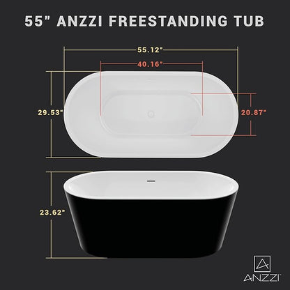 ANZZI 55 Inch Acrylic Freestanding Bathtub In Glossy White | Chand Pre-plumbed Solid Deep Soaker Tub With Built In Overflow And Drain | Soaking Stand Alone Tub 72 Gallons Capacity | FT-AZ098-55BK
