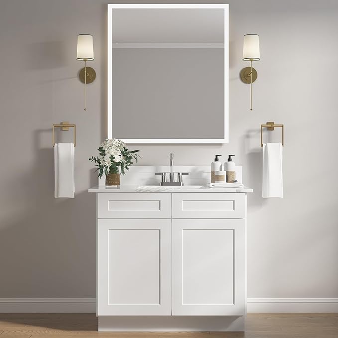ROOMTEC Bathroom Cabinet, 36'' Free Standing Single Bathroom Vanity with 2 False Drawers and 2 Doors,Morden Bathroom Sink Vanity Storage Cabinet, Shaker White