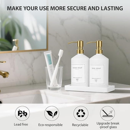 Gold Soap Dispenser Set, Glass Hand and Dish Soap Dispenser Set with Tray,Stainless Pump,14 Stickers for Kitchen,Bathroom Soap and Lotion Dispenser,Modern Counter Decor (White Bottle/Gold Pump)