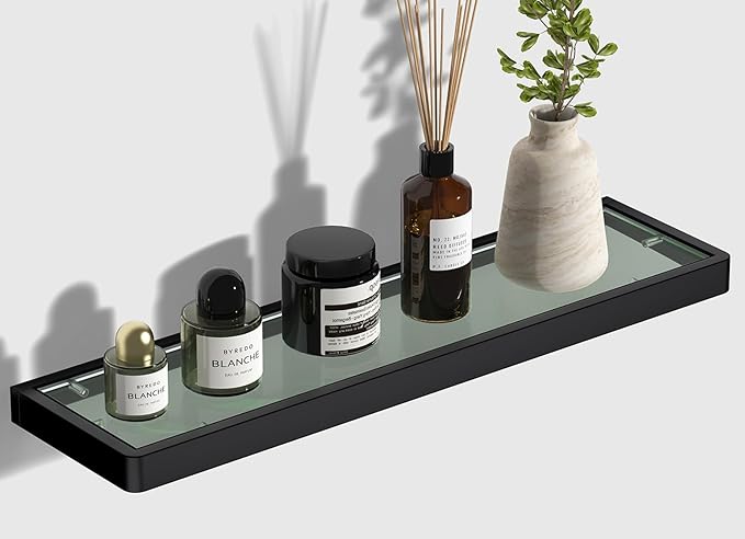 Glass Shelves/Shelf with Towel Bar/Rack 20-inch Floating Shelves for Bathroom Tempered Glass Rectangular 1 Tier Organizer Wall Shelf (Matte Black, 20'')