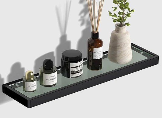 Glass Shelves/Shelf with Towel Bar/Rack 20-inch Floating Shelves for Bathroom Tempered Glass Rectangular 1 Tier Organizer Wall Shelf (Matte Black, 20'')