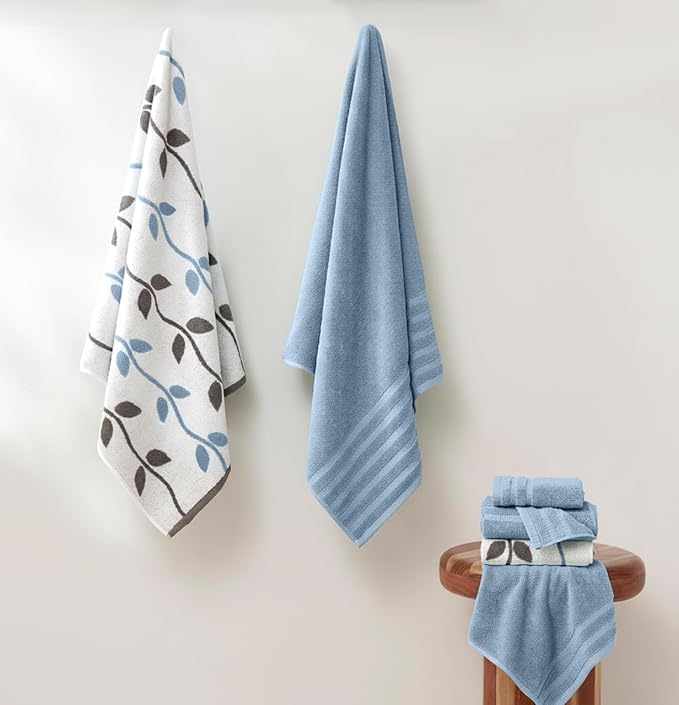 Modern Threads Organic Vines 6-Piece 100% Cotton Towel Set – Yarn Dyed Jacquard & Solid – Includes 2 Bath Towels, 2 Hand Towels, 2 Washcloths – Absorbent, Quick Dry, Soft & Durable – Blue