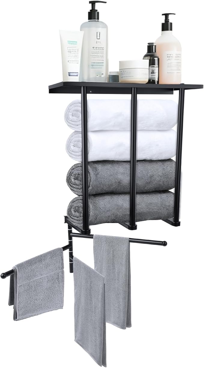 3-Tier Wall Mounted Towel Rack, Bathroom Storage Shelf with Towel Bar, Heavy-Duty Metal Organizer in Matte Black for Bathroom and Powder Room Storage and Organizer