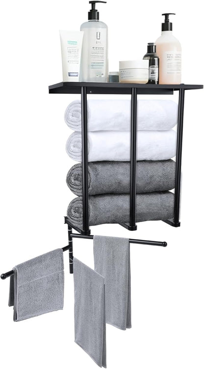 3-Tier Wall Mounted Towel Rack, Bathroom Storage Shelf with Towel Bar, Heavy-Duty Metal Organizer in Matte Black for Bathroom and Powder Room Storage and Organizer