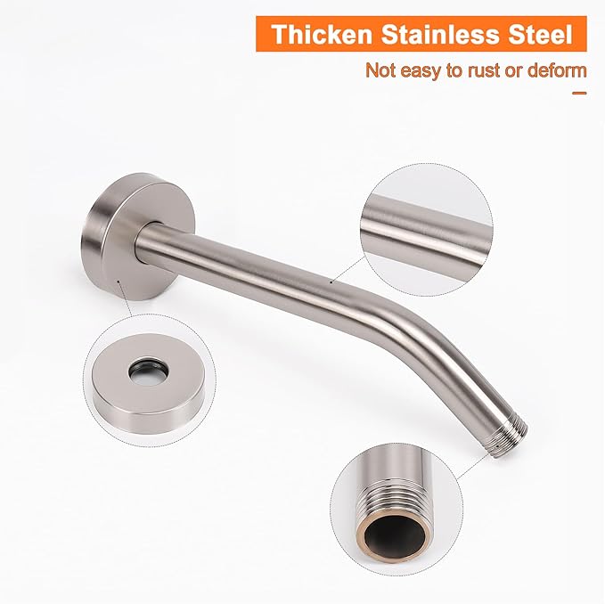 HarJue Shower Arm with Flange and Teflon Tape, Wall Mounted Shower Pipe 304 Stainless Steel Extension Arm for Fixed Shower Head & Handheld (8 Inch, Brushed Nickel)