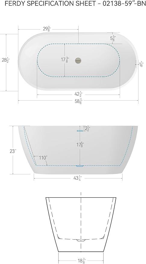 FerdY 59" Bali Elite Acrylic Freestanding Bathtub, Gracefully Shaped Freestanding Soaking Bathtub, cUPC Certified, Toe-Tap Brushed Nickel Drain and Minimalist Linear Design Overflow Included