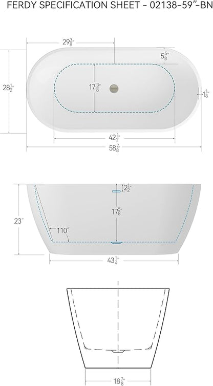 FerdY 59" Bali Elite Acrylic Freestanding Bathtub, Gracefully Shaped Freestanding Soaking Bathtub, cUPC Certified, Toe-Tap Brushed Nickel Drain and Minimalist Linear Design Overflow Included