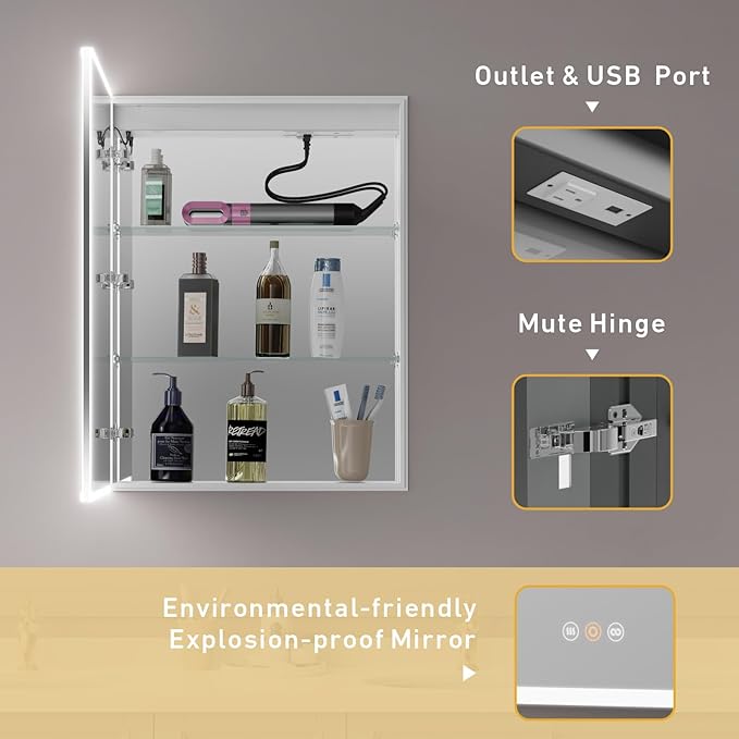 Recessed Medicine Cabinets for Bathroom with Mirror, Only Recessed Medicine Cabinet with Defogger, Dimmer, Outlets & USB, Three Doors, 20"x 26"
