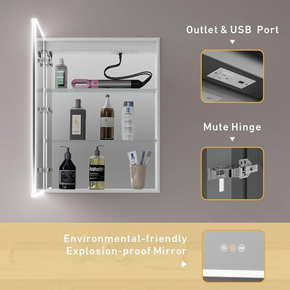Recessed Medicine Cabinets for Bathroom with Mirror, Only Recessed Medicine Cabinet with Defogger, Dimmer, Outlets & USB, Three Doors, 20"x 26"