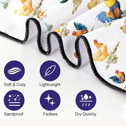 Country Rooster Pattern Beach Towel 36"x72" Quick-Dry Sand-Free Soft Microfiber