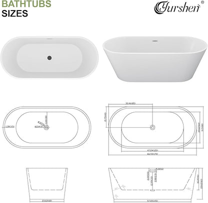 67 Inch Freestanding Acrylic Soaking Tub White Roll Top Deep Bathtub with Black Drain Relaxing Home Spa, YSB9222