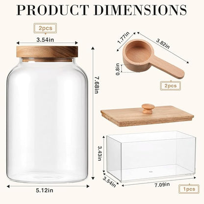 2 Half Gallon Glass Laundry Jars Set 1 Acrylic Dryer Sheet Holder Laundry Pods Container with Acacia Lid 2 Spoon for Powder Detergent Scent Beads Bath Bombs Salt Storage（No Label）